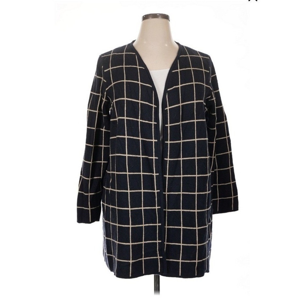 Charter Club Womens XL Navy Blue Windowpane Check‎ Open Front Cardigan Sweater